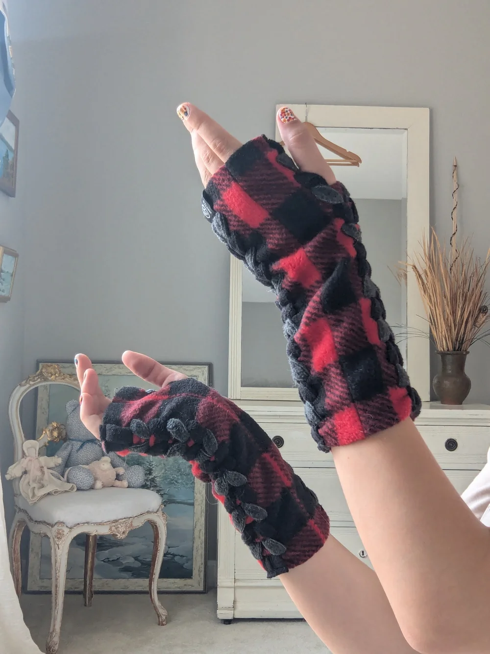 Fingerless Red and Black Plaid Alt Y2K Grunge Punk Cozy Flannel Arm Warmers